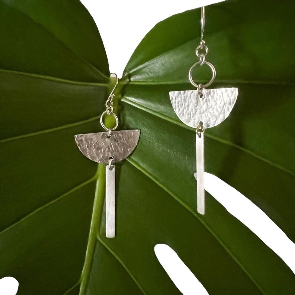 Sterling silver geometric half circle dangle earrings. Handcrafted by me…